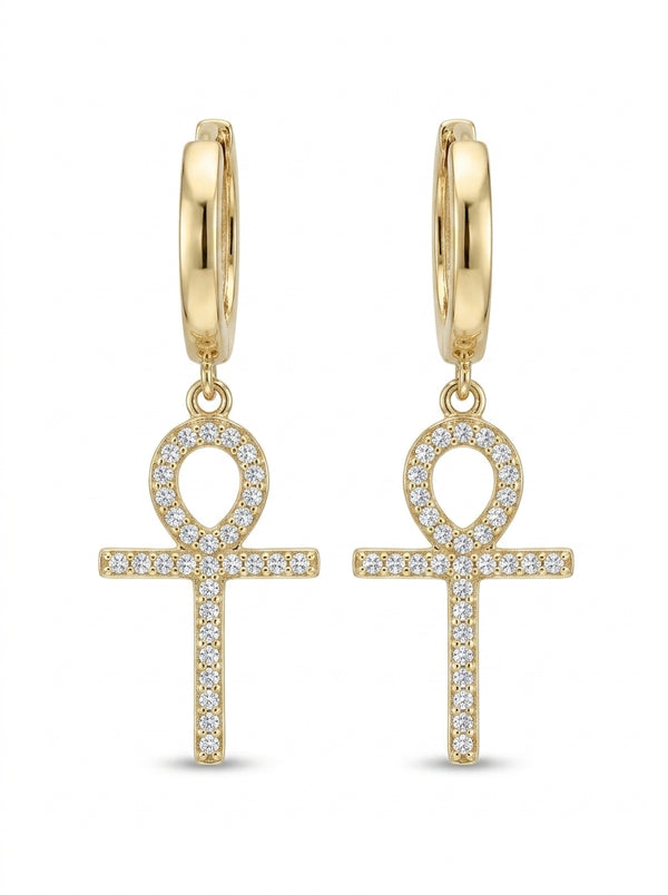 Huggies de oro 14k diseño de Cruz egipcia 5611