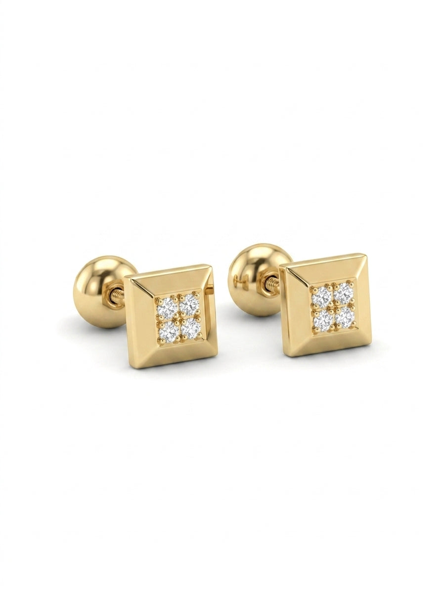 Broquel de oro 14k con diamantes naturales diseño cuadrado Mod LM5290