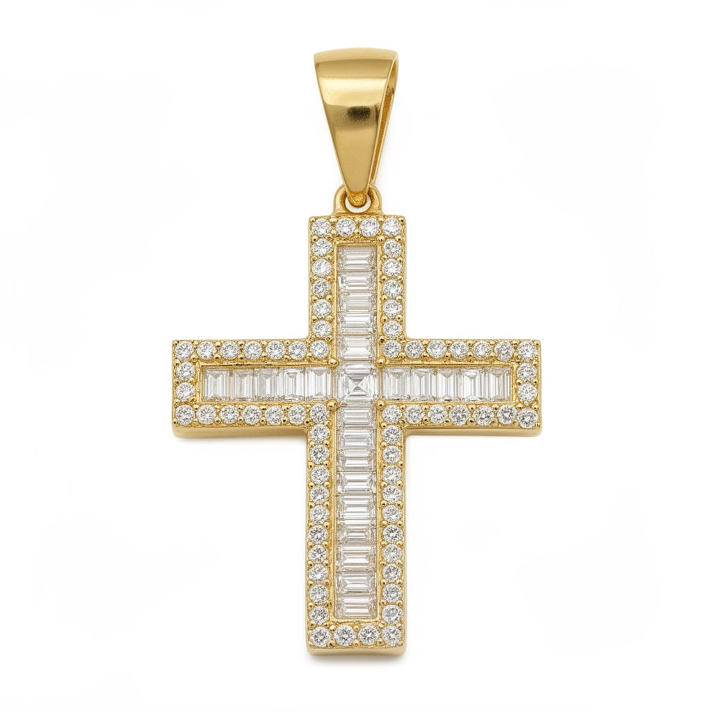 Dije de cruz de oro 14k con circonias en corte baguette 3 cm