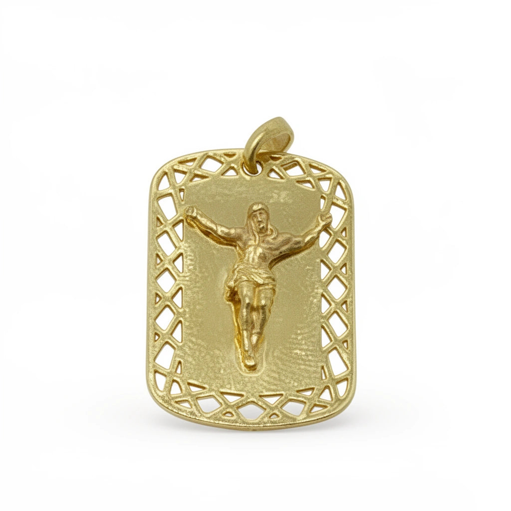 Medalla cristo crucificado cuadrada calada oro 14k - 2 cm