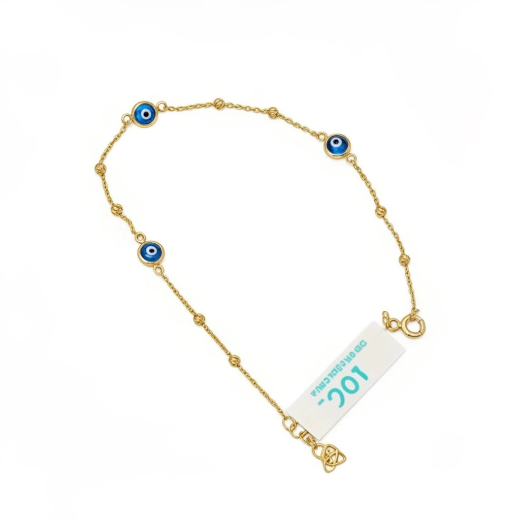 Pulsera de oro 10k con ojitos turcos azules y bolitas Mod. BEM570 -18 cm