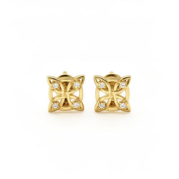 Aretes pequeños de nudo de brujas de oro 14k con incrustaciones de circonias