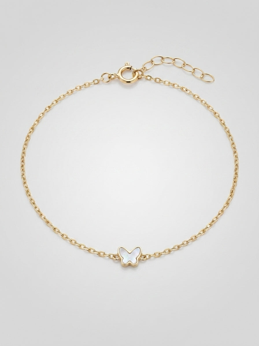 Pulsera de oro 14k diseño de mariposa de madre perla 5603- 18 cm