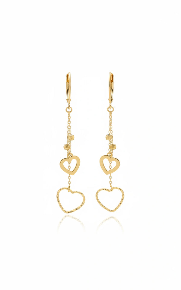 Aretes doble corazón de oro 14k