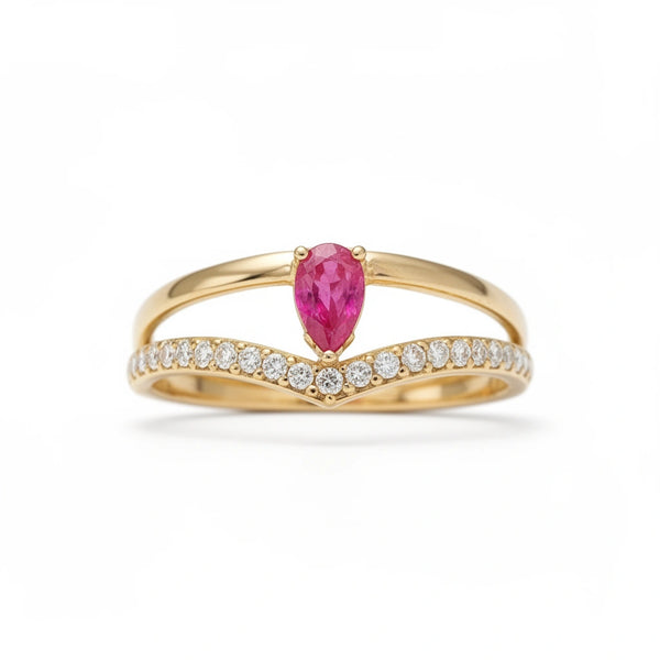 Anillo oro 10k con piedra rojo corte pera y circonias