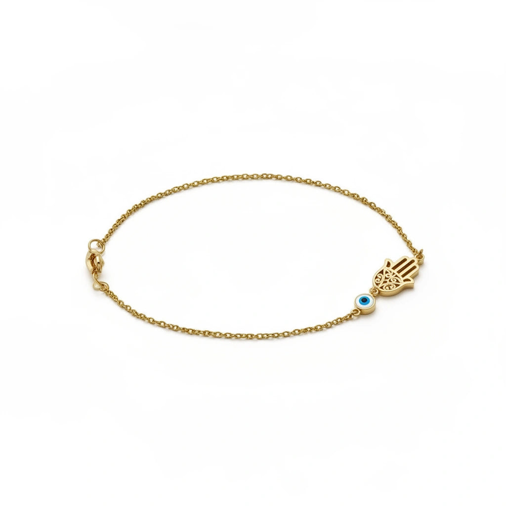 Pulsera de oro 14k de ojito turco y mano de Fátima Mod. 681130