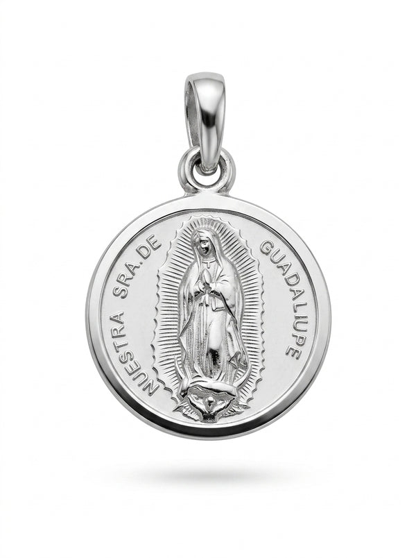 Medalla pequeña de oro blanco 14k diseño de la virgen de Guadalupe redonda Mod 5439 - 1.5 cm