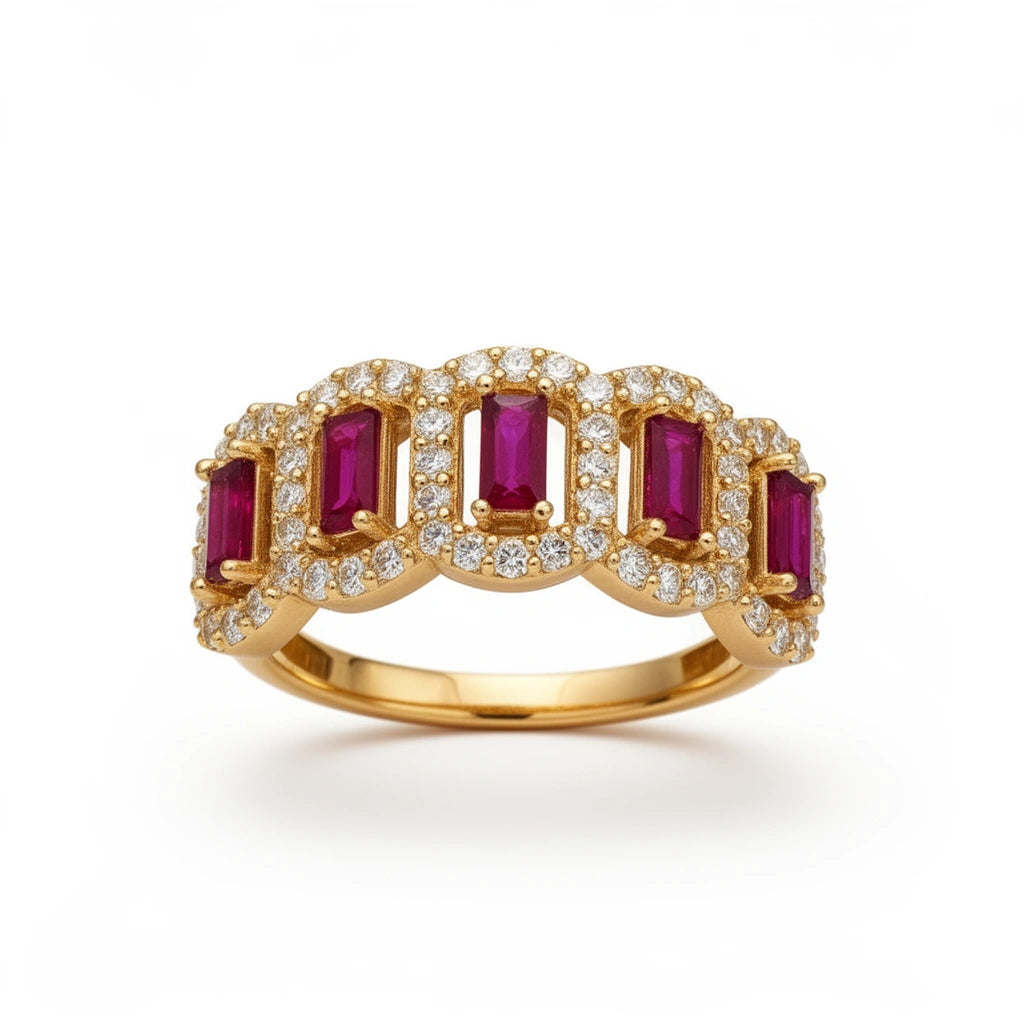 Anillo de oro 10k con piedras baguette rojas y halo de brillantes