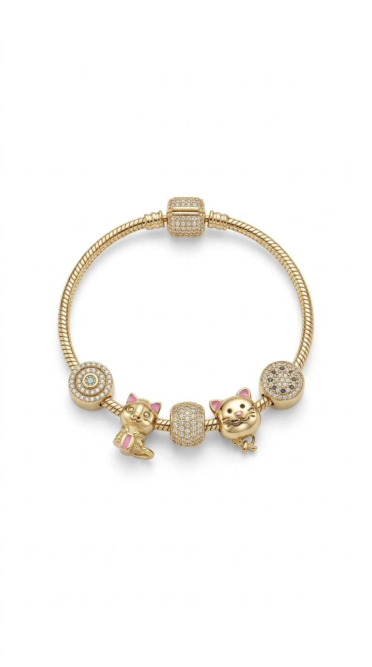 Pulsera de oro 14k cola de rata con charms de gatitos Mod LM5085 - 18 cm