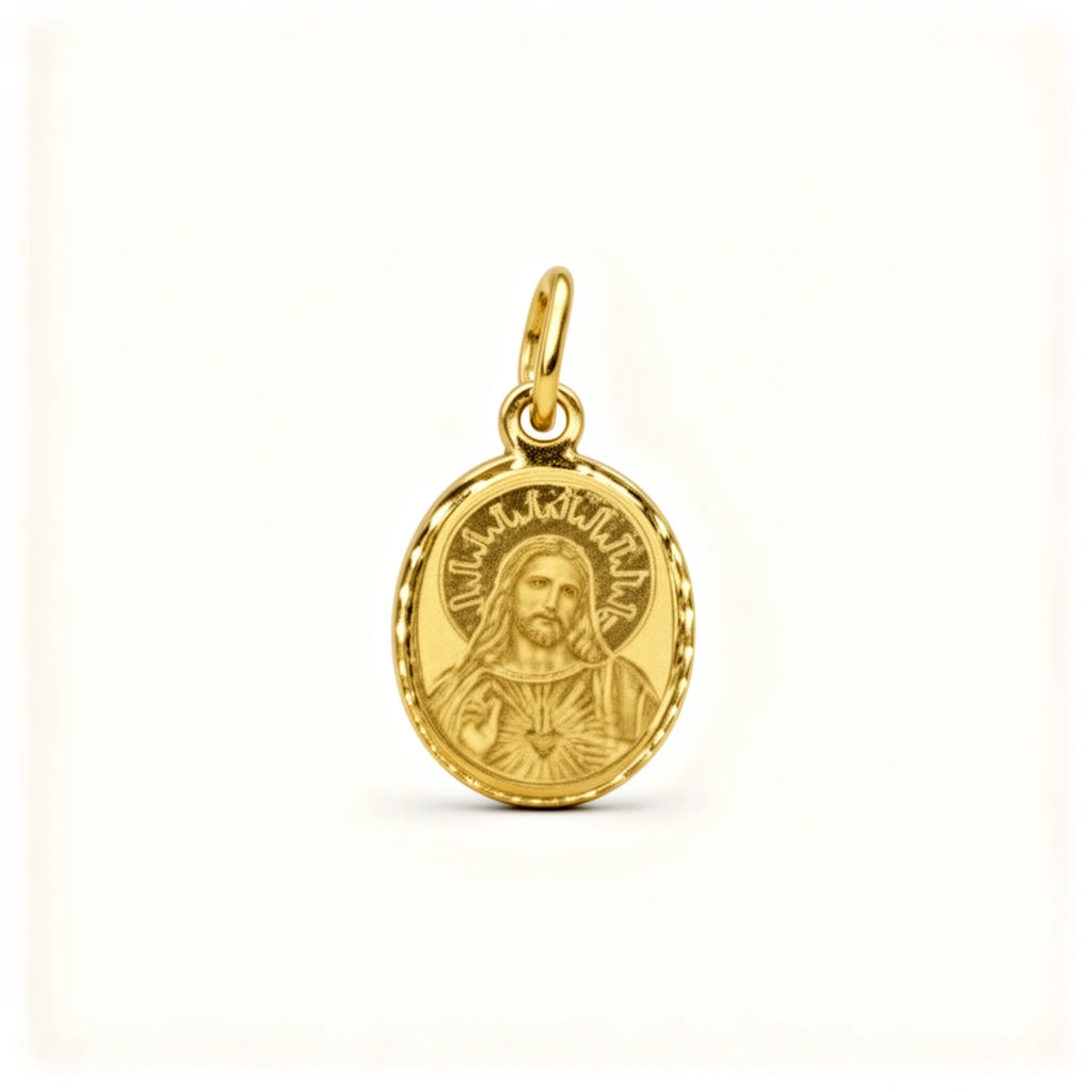 Medalla a laser de Sagrado Corazón en oro 14k - 1 cm