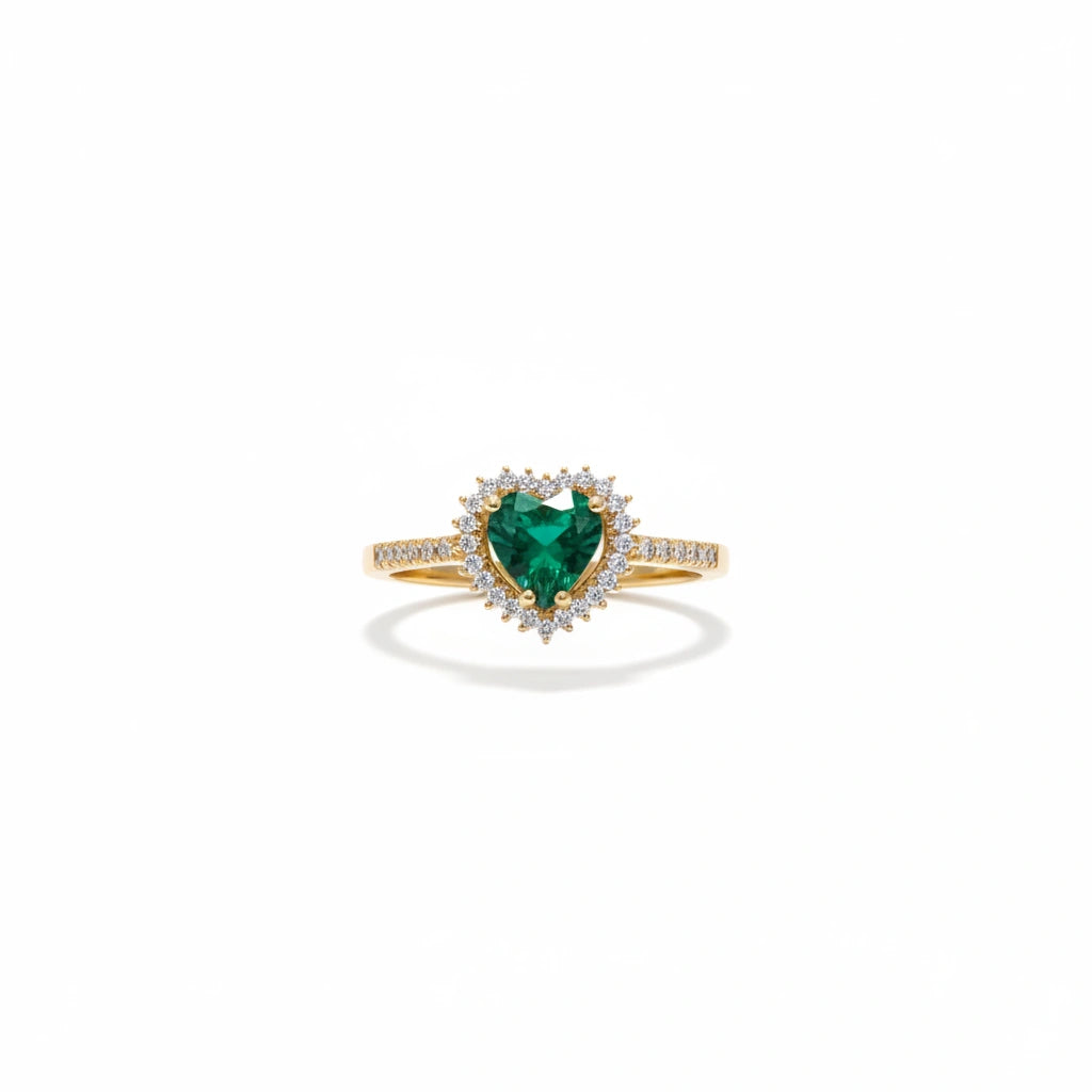 Anillo de oro 14k con circonia verde en forma de corazón e incrustación blancas