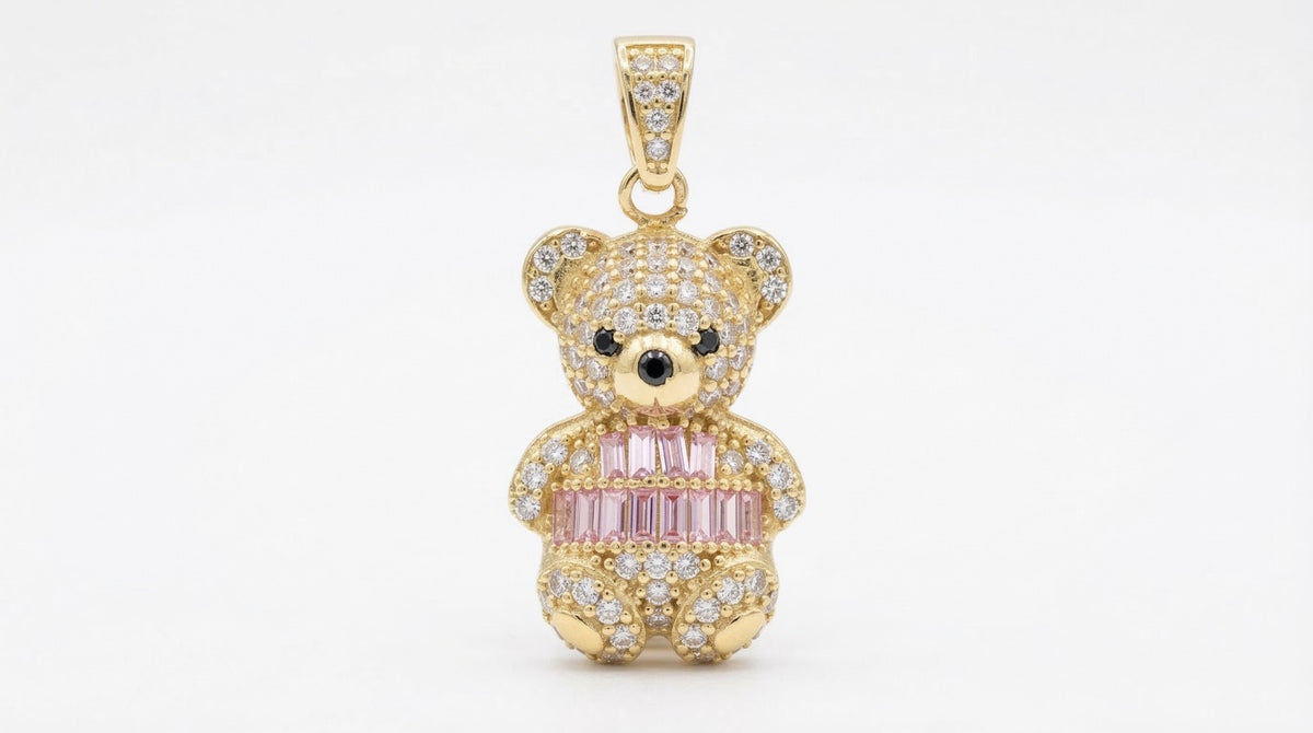 Dije de oro 10k de oso con circonias cortes baguette rosa - 2.3 cm