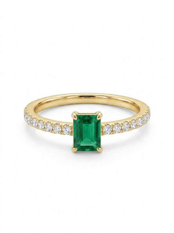 Anillo solitario de oro 14k con esmeralda y diamantes de naturales Mod 5486