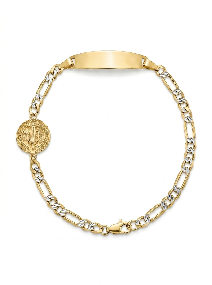 Esclava de oro 14k 3x1 acabado diamantado sólida con medalla de san Benito Mod Lm 5219 - 18 cm x 3 mm