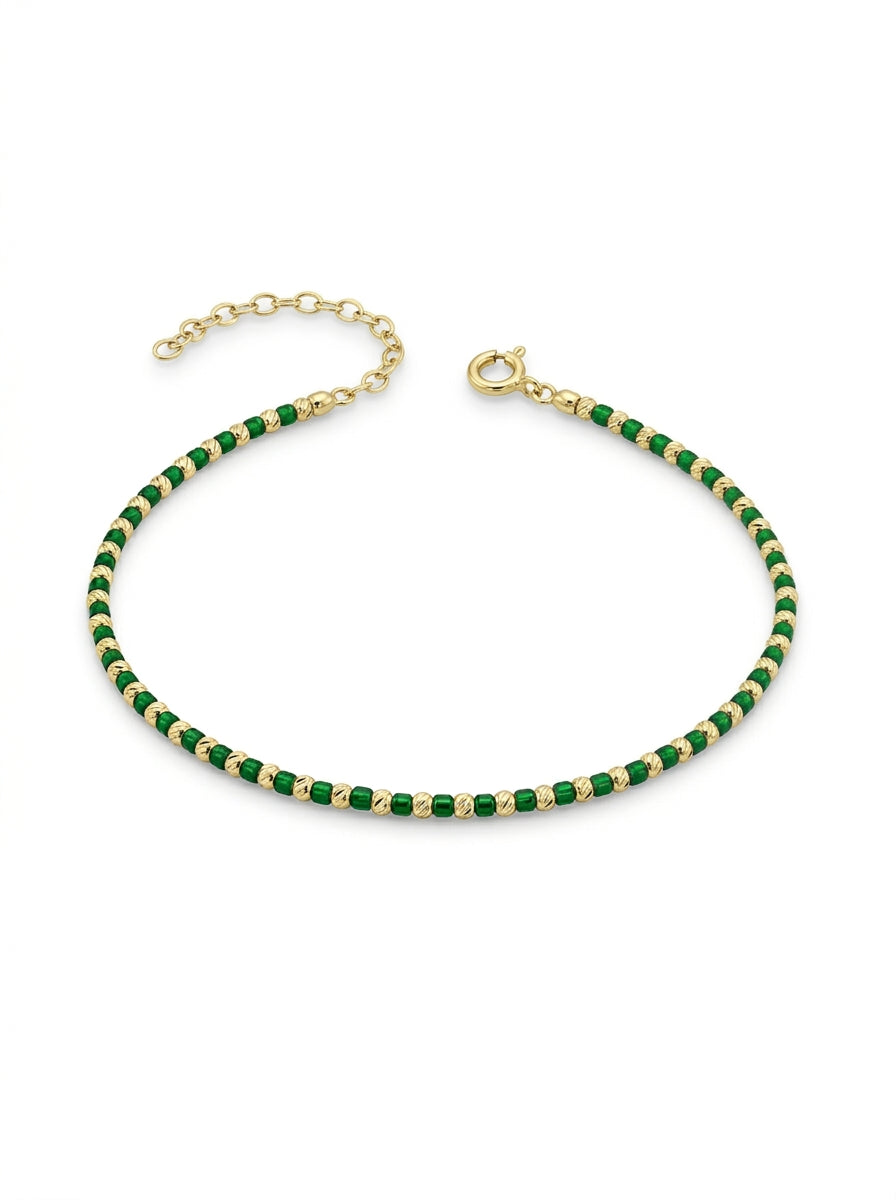 Pulsera de oro 14k diseño de bolitas con piedras verdes Mod LM5266 - 18 cm