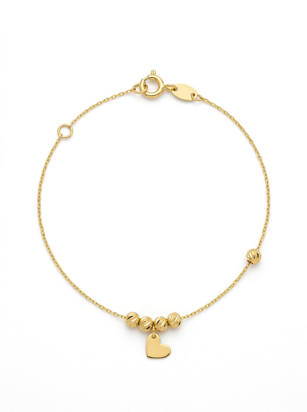 Pulsera de oro 14k diseño de bolitas con corazón Mod LM5220 - 18 cm