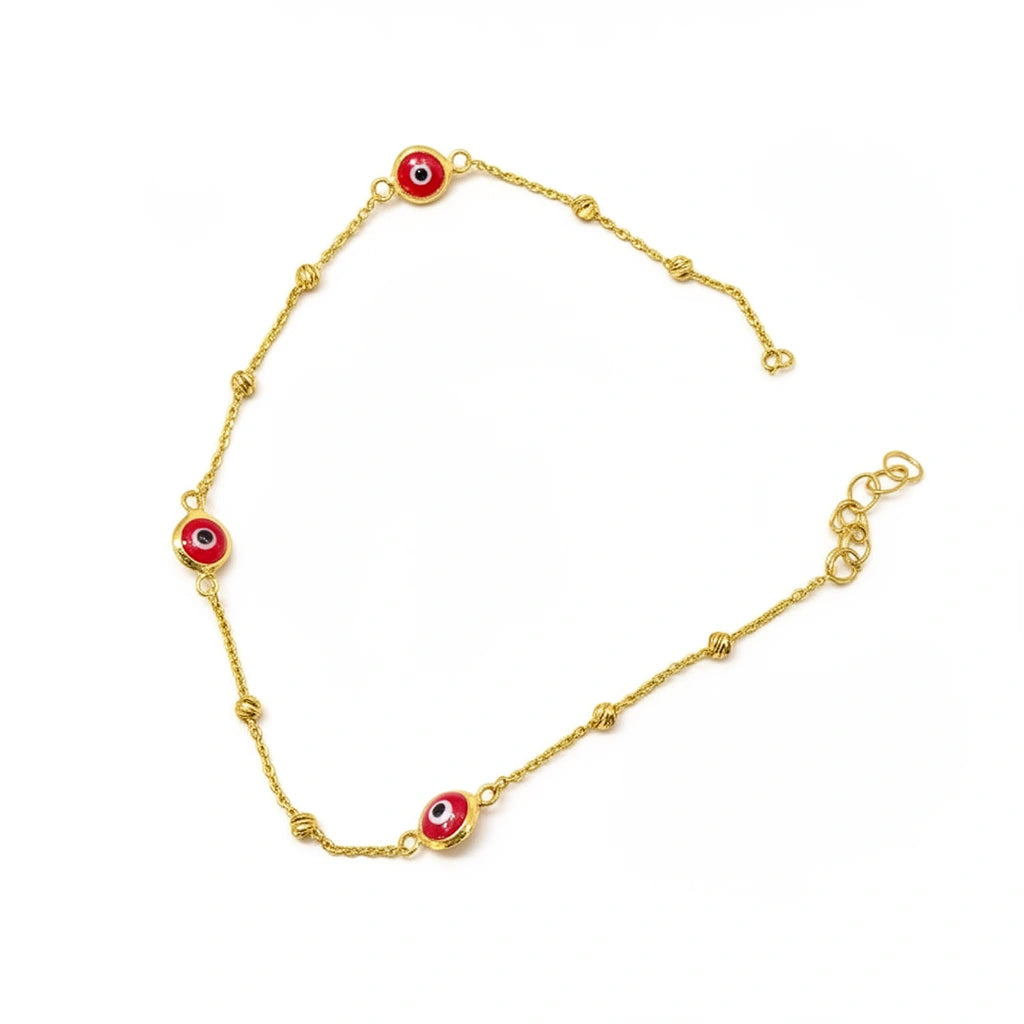 Pulsera de oro 10k con ojitos turcos rojos y bolitas Mod. 041513 -18 cm