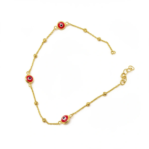 Pulsera de oro 10k con ojitos turcos rojos y bolitas Mod. 041513 -18 cm