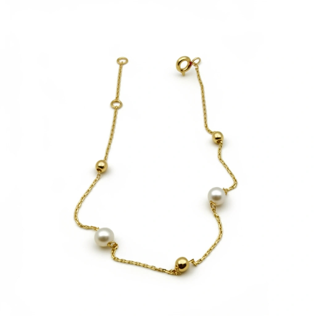 Pulsera delgada de oro 14k y perlas - 18 cm