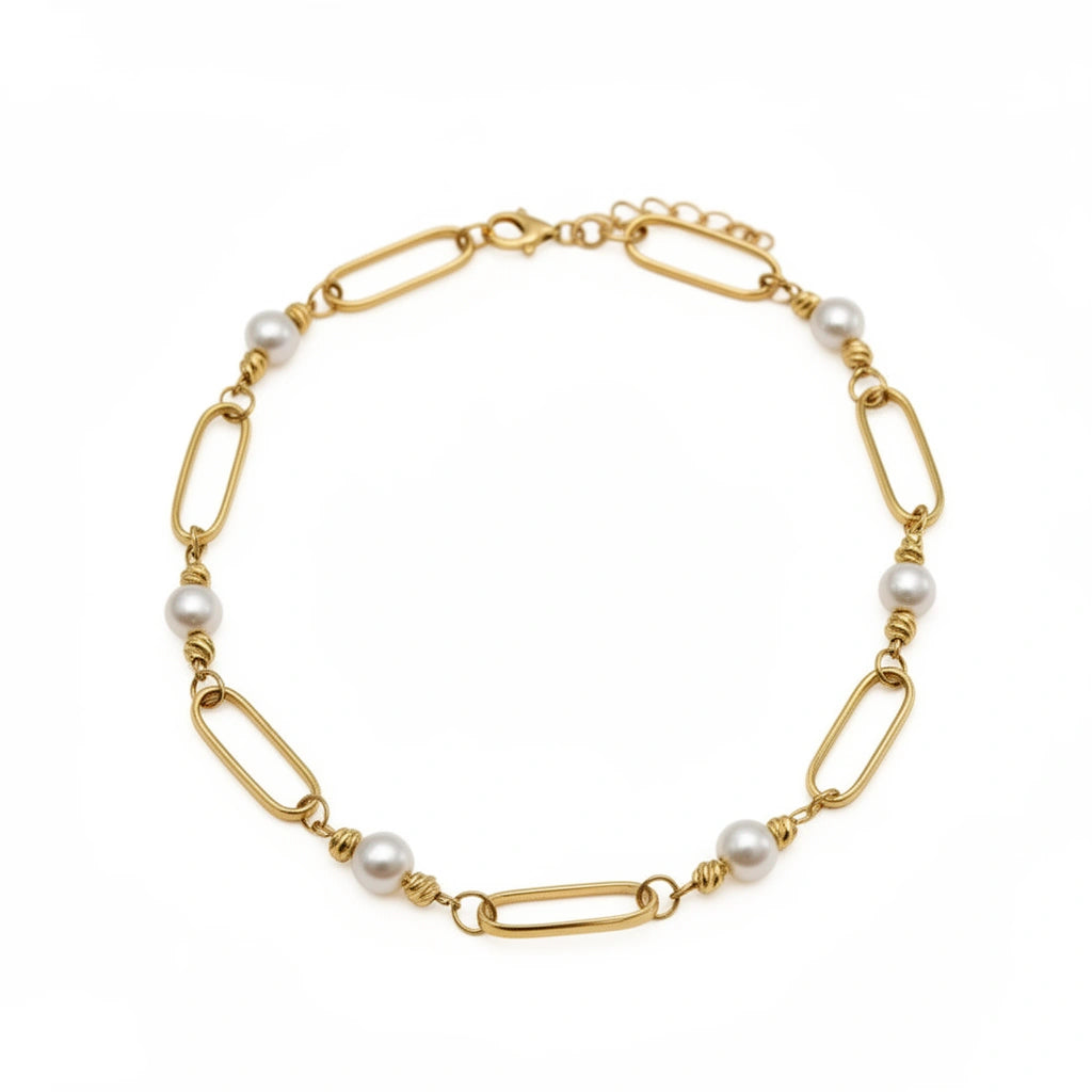Pulsera de eslabón de oro 14k con perlas -18 cm