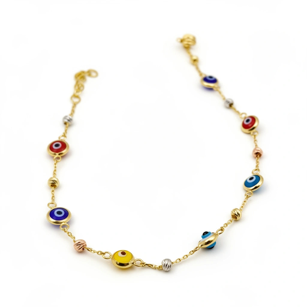 Pulsera de oro 10k de ojitos turcos de colores -18 cm