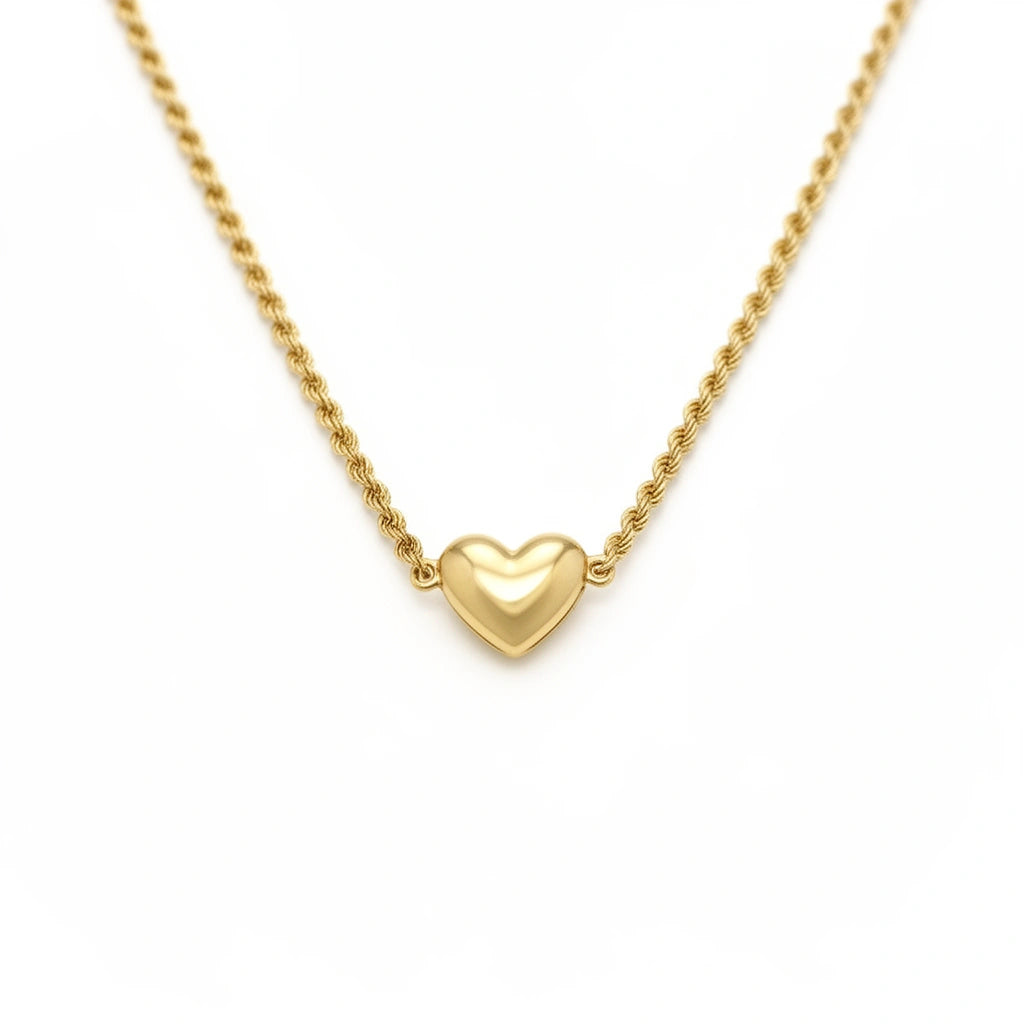 Gargantilla de oro 14k tejido torsal con un corazón inflado
