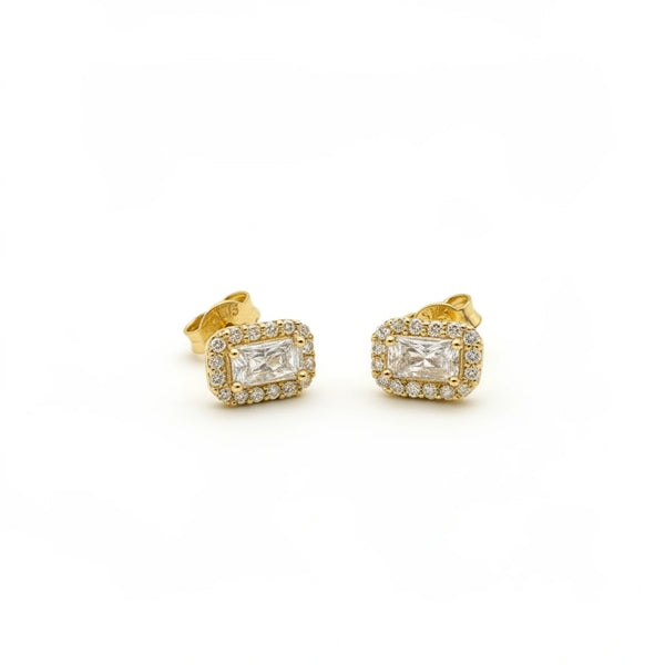 Aretes de oro 14K con circonia central y halo rectangular Mod. C692