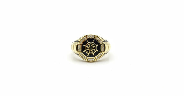 Anillo Timón Náutico con Circonias de oro 10k para caballero