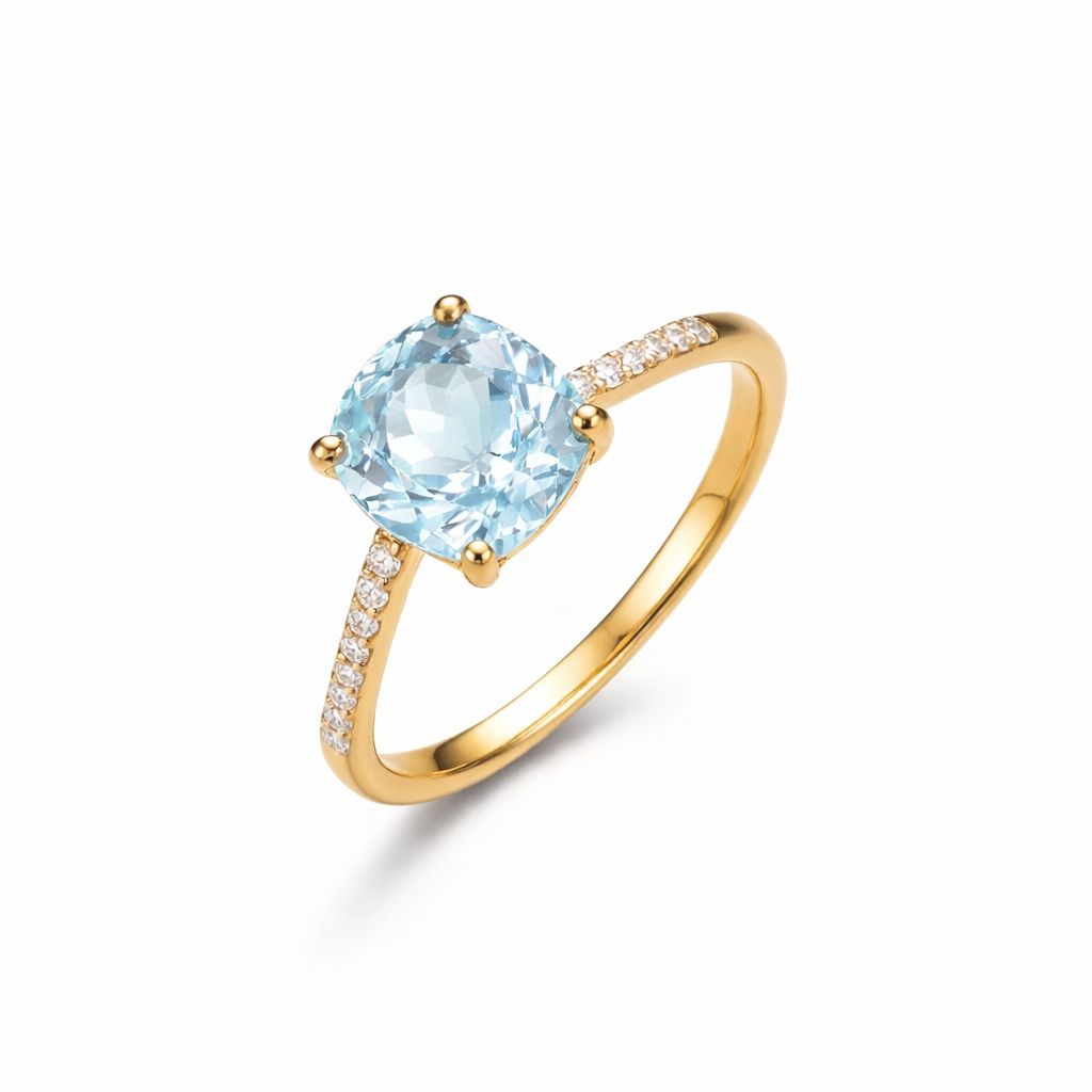 Anillo de oro 14k con piedra agua marina cuadrada azul e incrustaciones de circonias blancas Mod. 1430003