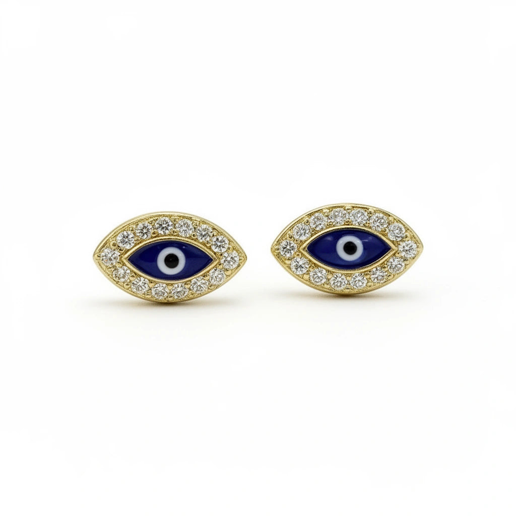 Aretes de oro 14k de ojos turcos azules con incrustaciones