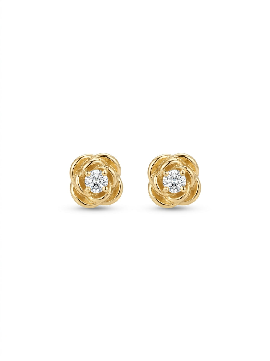 Broquel baby de oro 14k diseño de flor con diamante natural Mod 5442