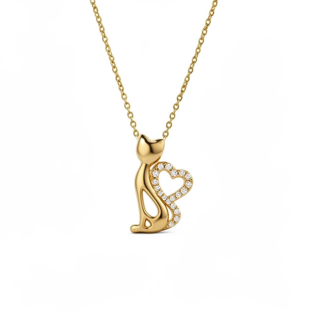 Gargantilla de gato con corazón de oro 14k con circonias 45 cm