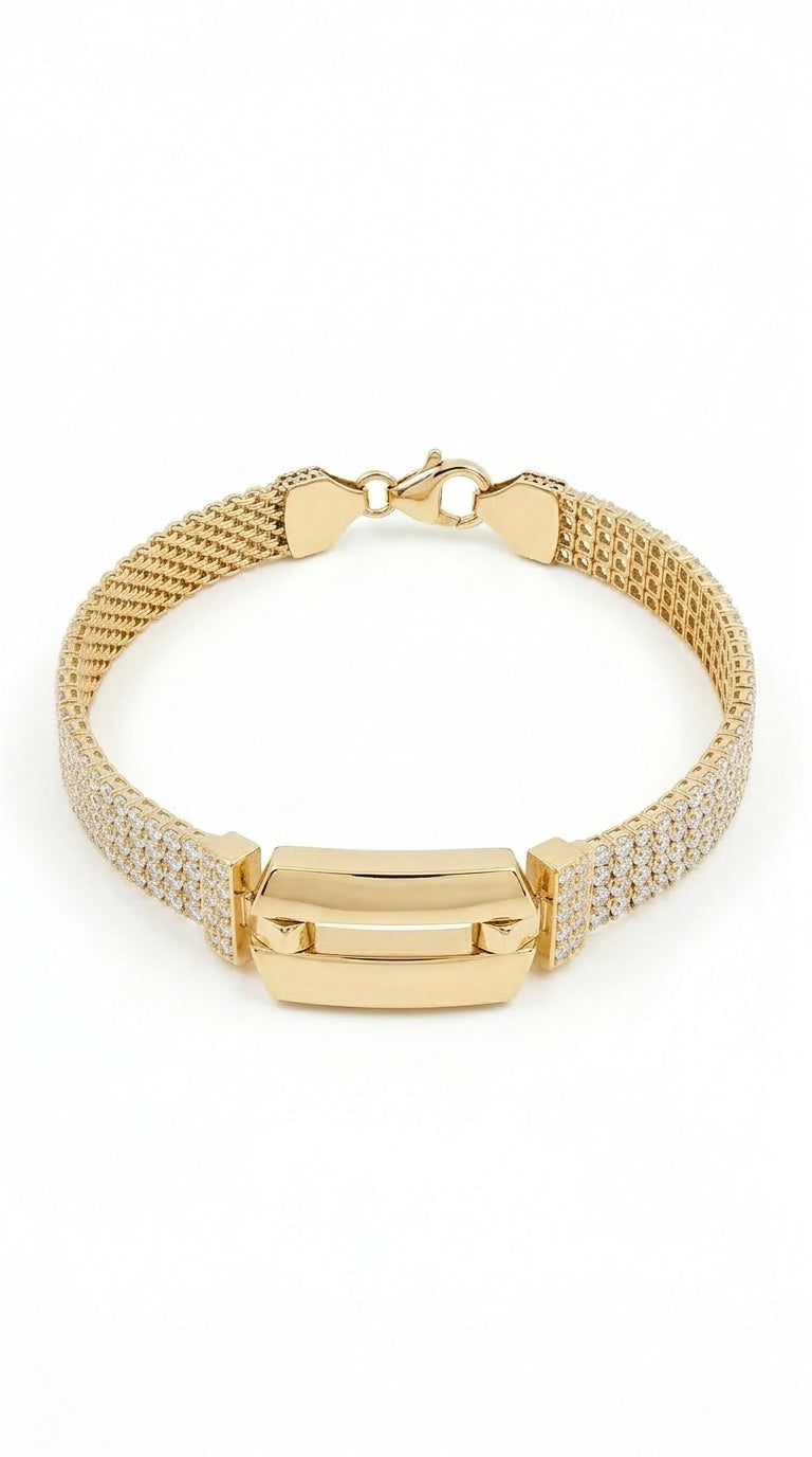 Pulsera Tejida con Broche Rectangular y Circonias en Oro 14K Mod. LM 5057 - 18 cm