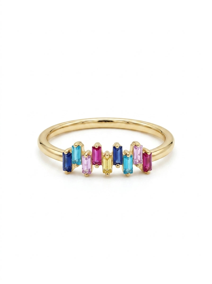 Anillo de oro 14k diseño destellos de colores con circonias baguette Mod 5781