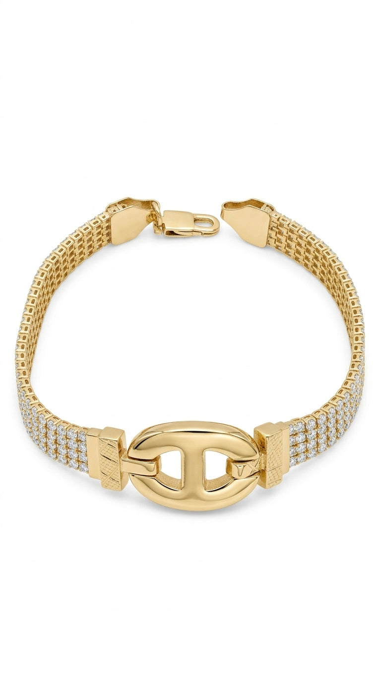 Pulsera Tejida con Broche Ovalado y Circonias en Oro 14K Mod. 5056 - 18 cm
