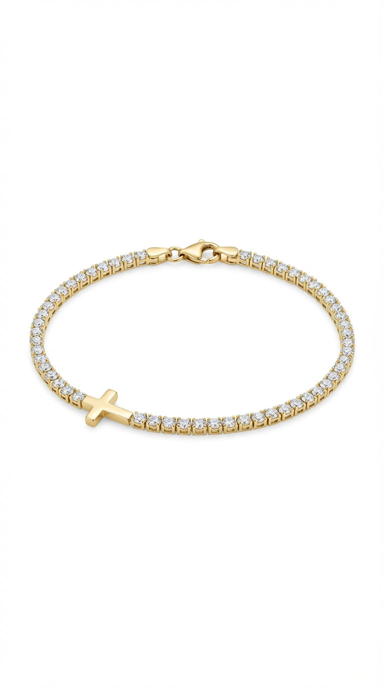 Pulsera de oro 10k tipo tenis con cruz lisa - 18 cm