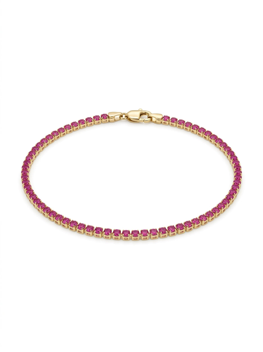 Pulsera de oro 14k diseño tipo tennis delgada futsia 5933 - 18 cm