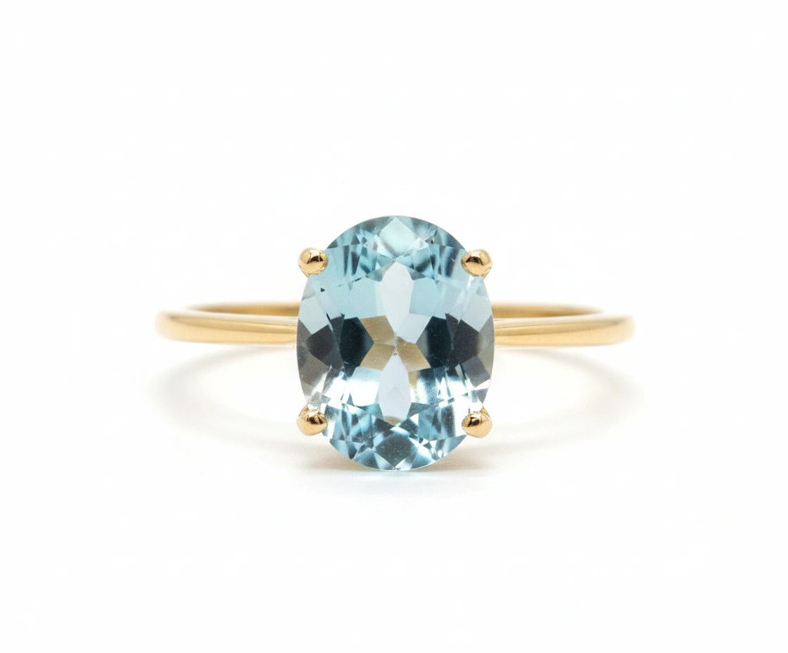 Anillo Solitario en oro 10k piedra Azul agua marina Oval