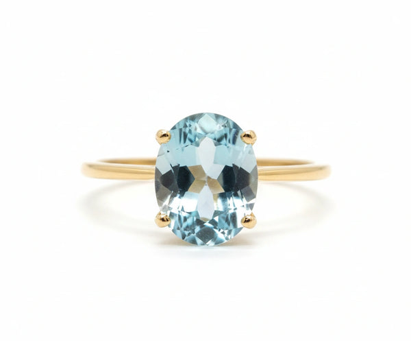 Anillo Solitario en oro 10k piedra Azul agua marina Oval
