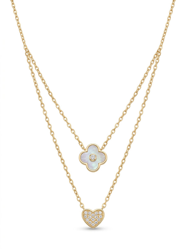 Gargantilla de oro 14k diseño doble de trébol con corazón mod 5591 - 45 cm