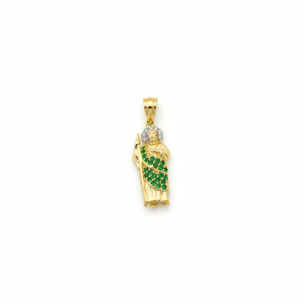 Dije de San Judas Tadeo de oro 14K con circonias verdes 3 cm