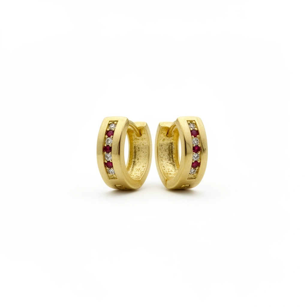 Huggies de oro 14k con incrustaciones de circonias rojas y blanca