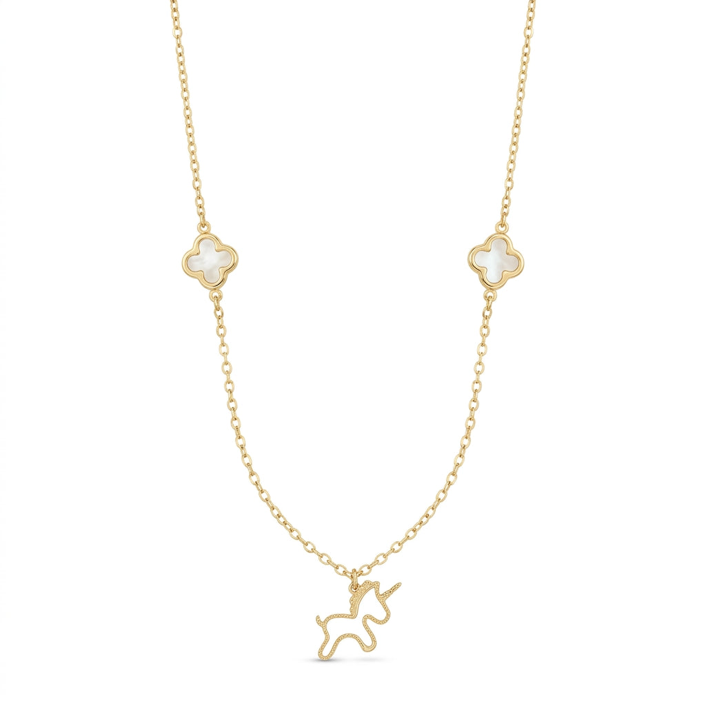 Gargantilla de oro 14k diseño trébol madre perla con unicornio Mod 5649 - 45 cm