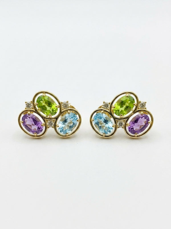 Aretes de oro 14k diseño cluster multicolor Mod LM5402 - 2 cm