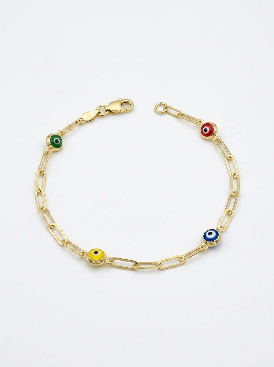 Pulsera de oro 14k diseño de clip con ojitos turcos de colores Mod LM544 - 18 cm