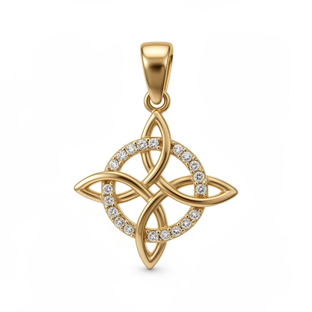 El dije nudo de brujas de oro de 14k con incrustaciones de circonias