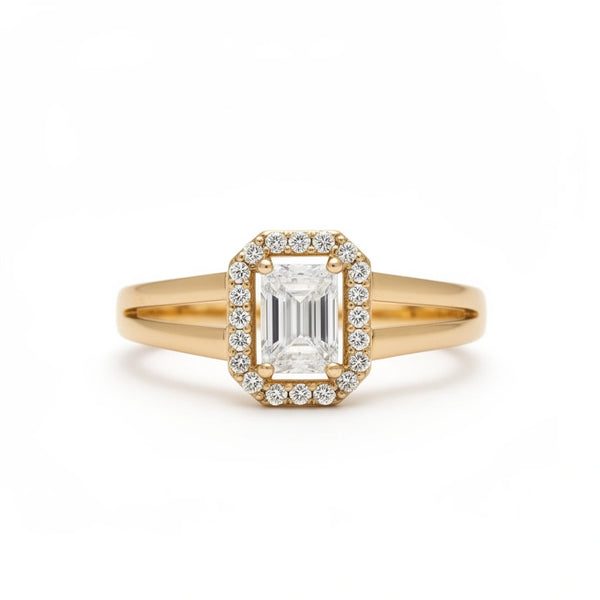 Anillo de oro 14k diseño halo rectangular con incrustaciones de circonias