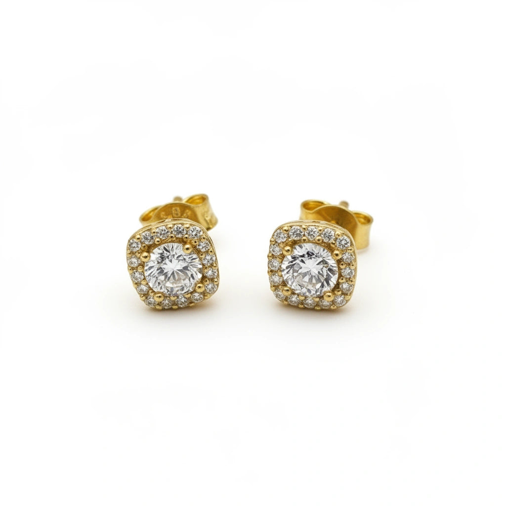Aretes de oro 14K con circonia central y halo cuadrado Mod. 694