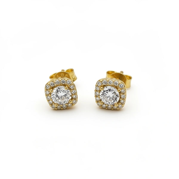 Aretes de oro 14K con circonia central y halo cuadrado Mod. 694