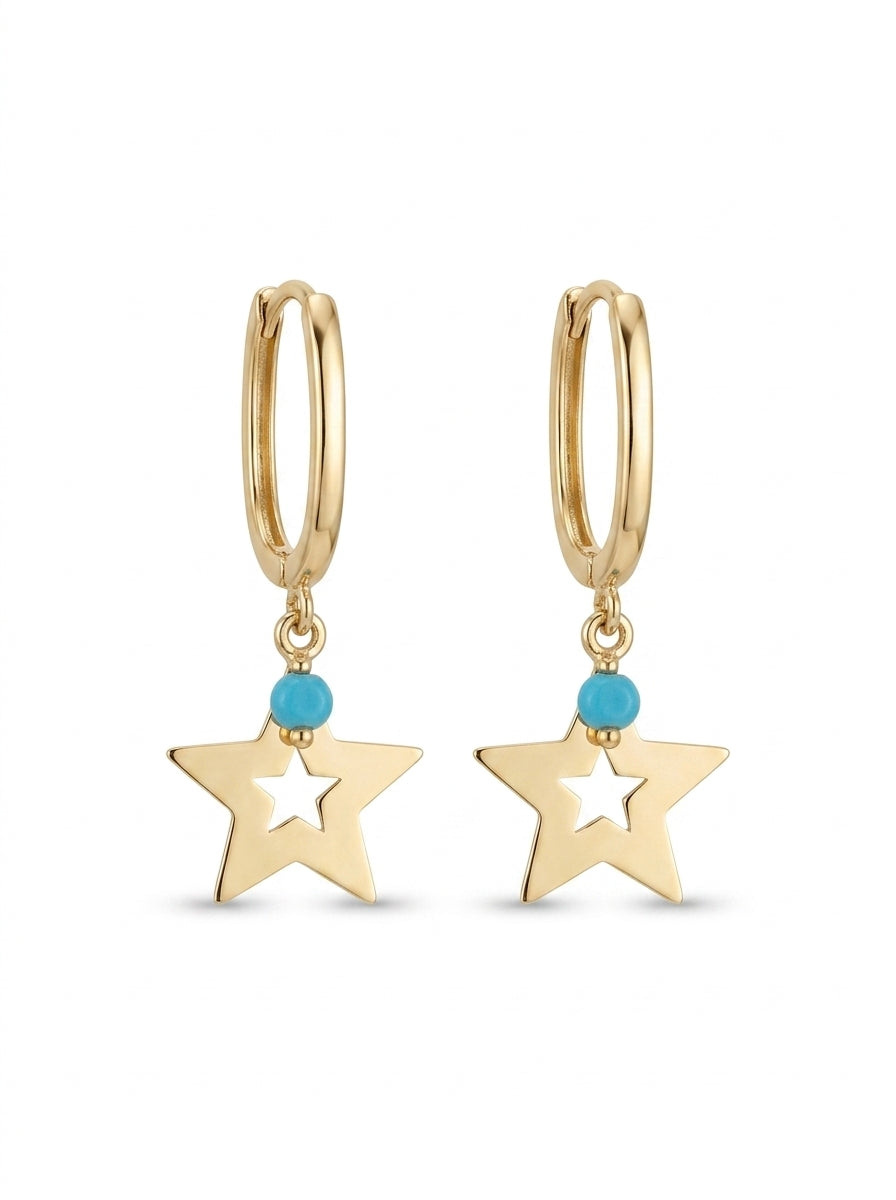 Huggies de oro 14k diseño de estrella con turquesa 5621